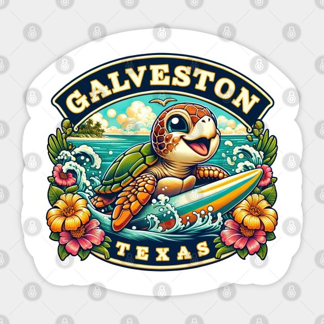 Galveston Texas Cute Sea Turtle Surfing Sticker by grendelfly73